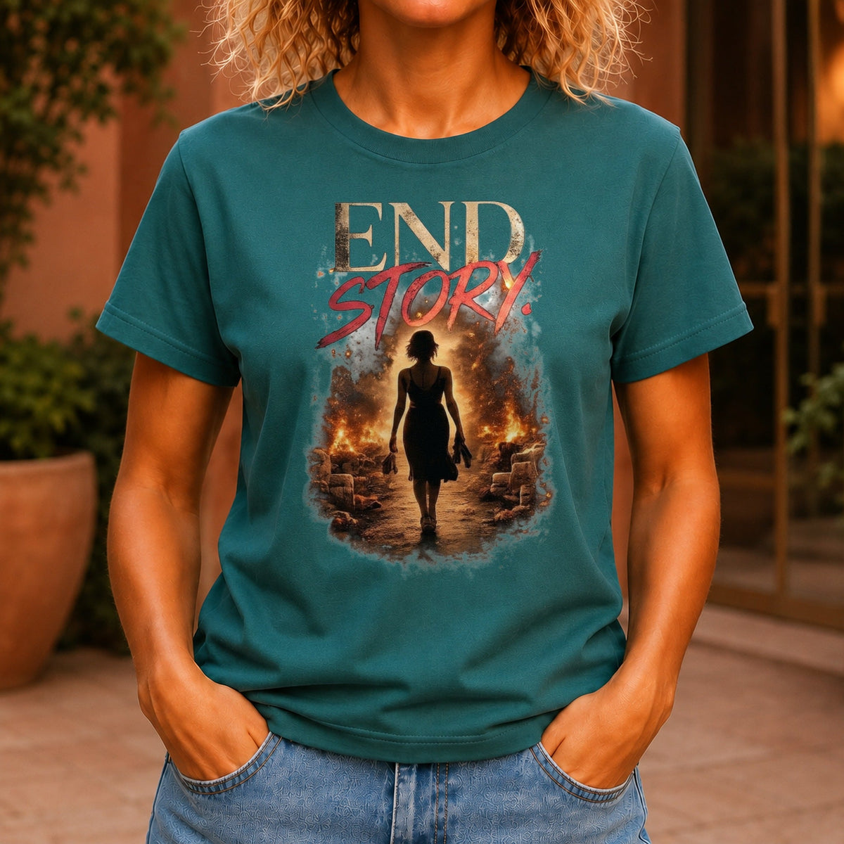 End Story graphic printed on the front of a jade KRED Threads premium tee