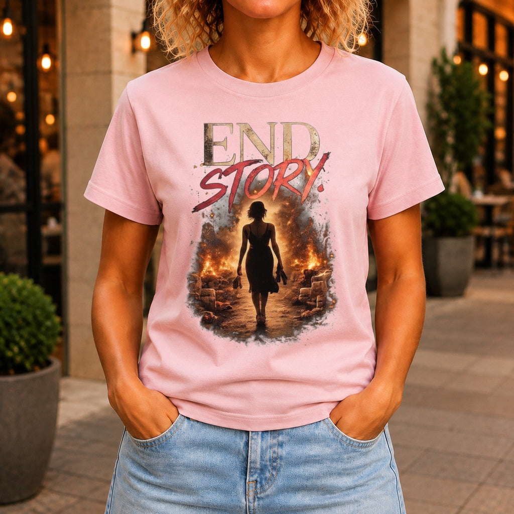 End Story graphic printed on the front of a pink KRED Threads premium tee