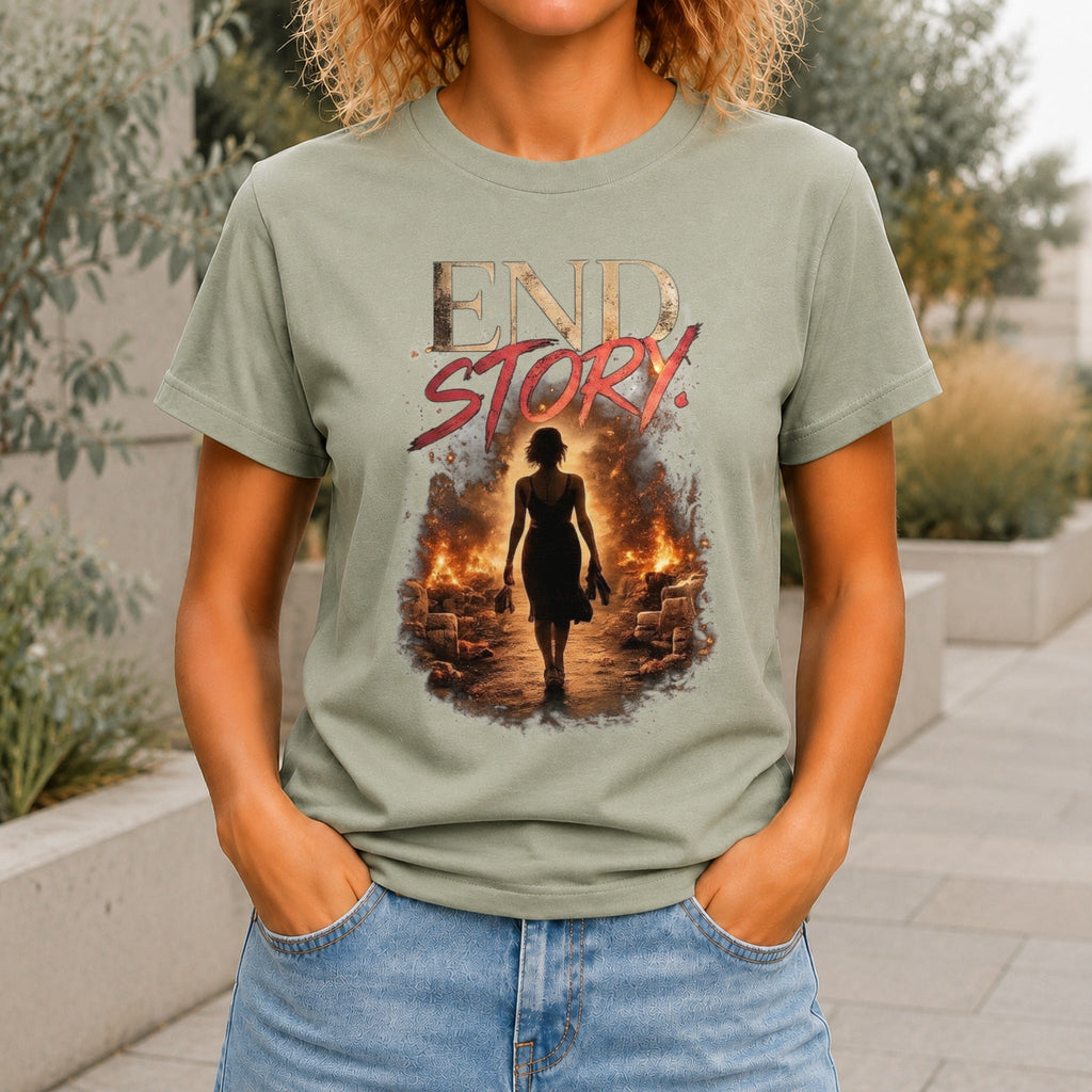 End Story graphic printed on the front of a sage KRED Threads premium tee