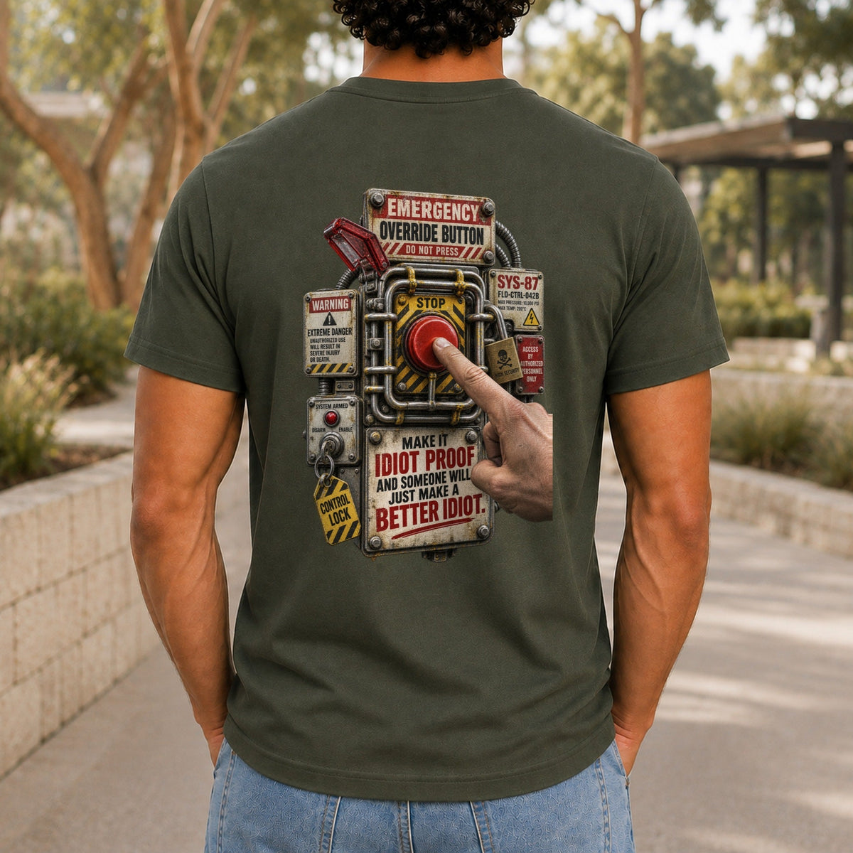 Make It Idiot Proof graphic printed on the back of an army KRED Threads premium tee