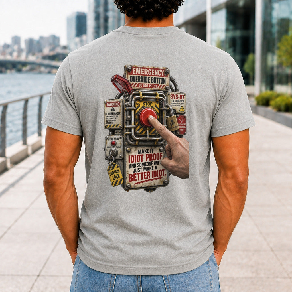 Make It Idiot Proof graphic printed on the back of an athletic heather KRED Threads premium tee