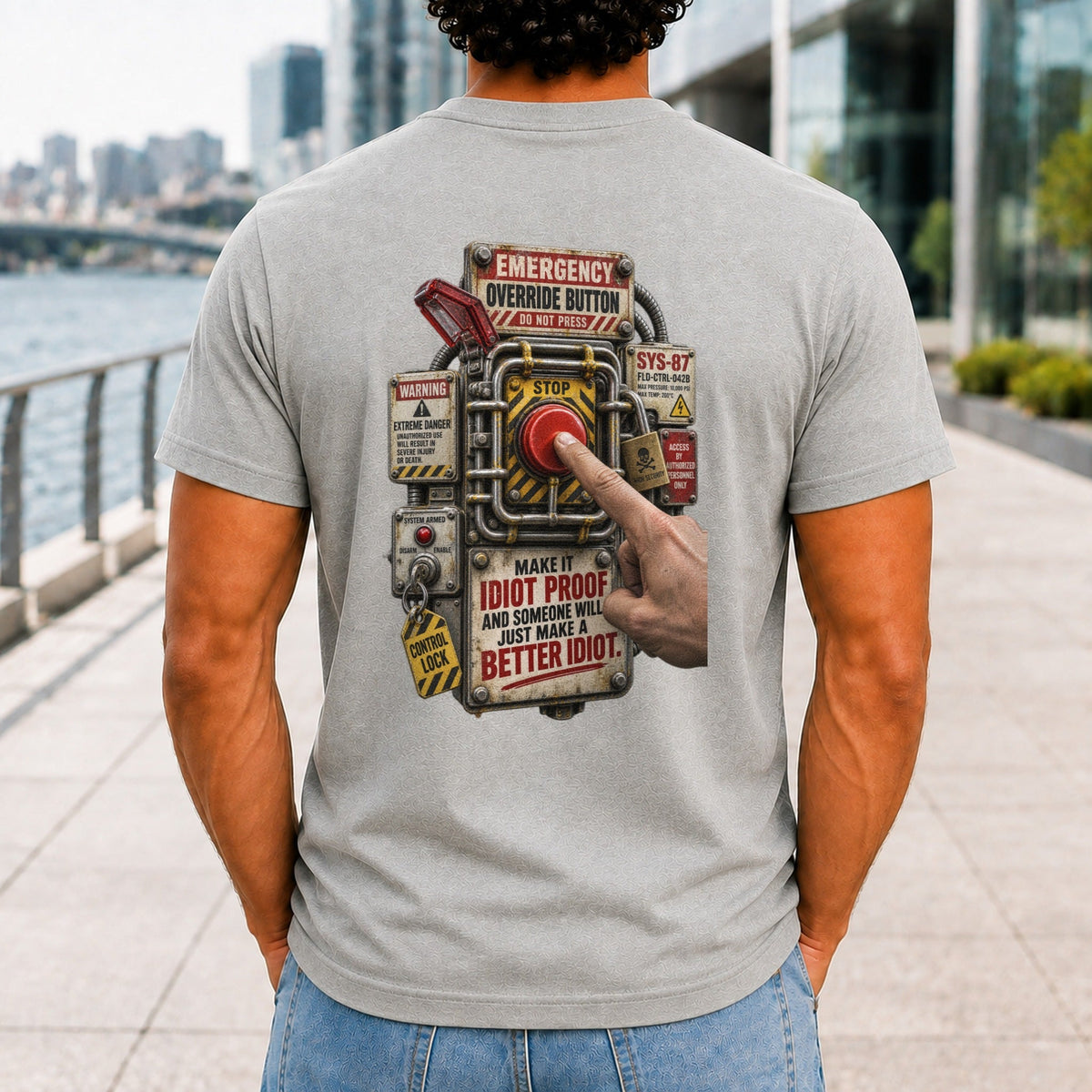 Make It Idiot Proof graphic printed on the back of an athletic heather KRED Threads premium tee