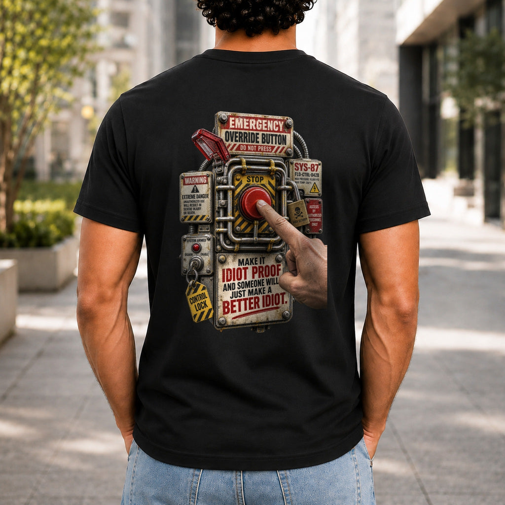Make It Idiot Proof graphic printed on the back of a black KRED Threads premium tee