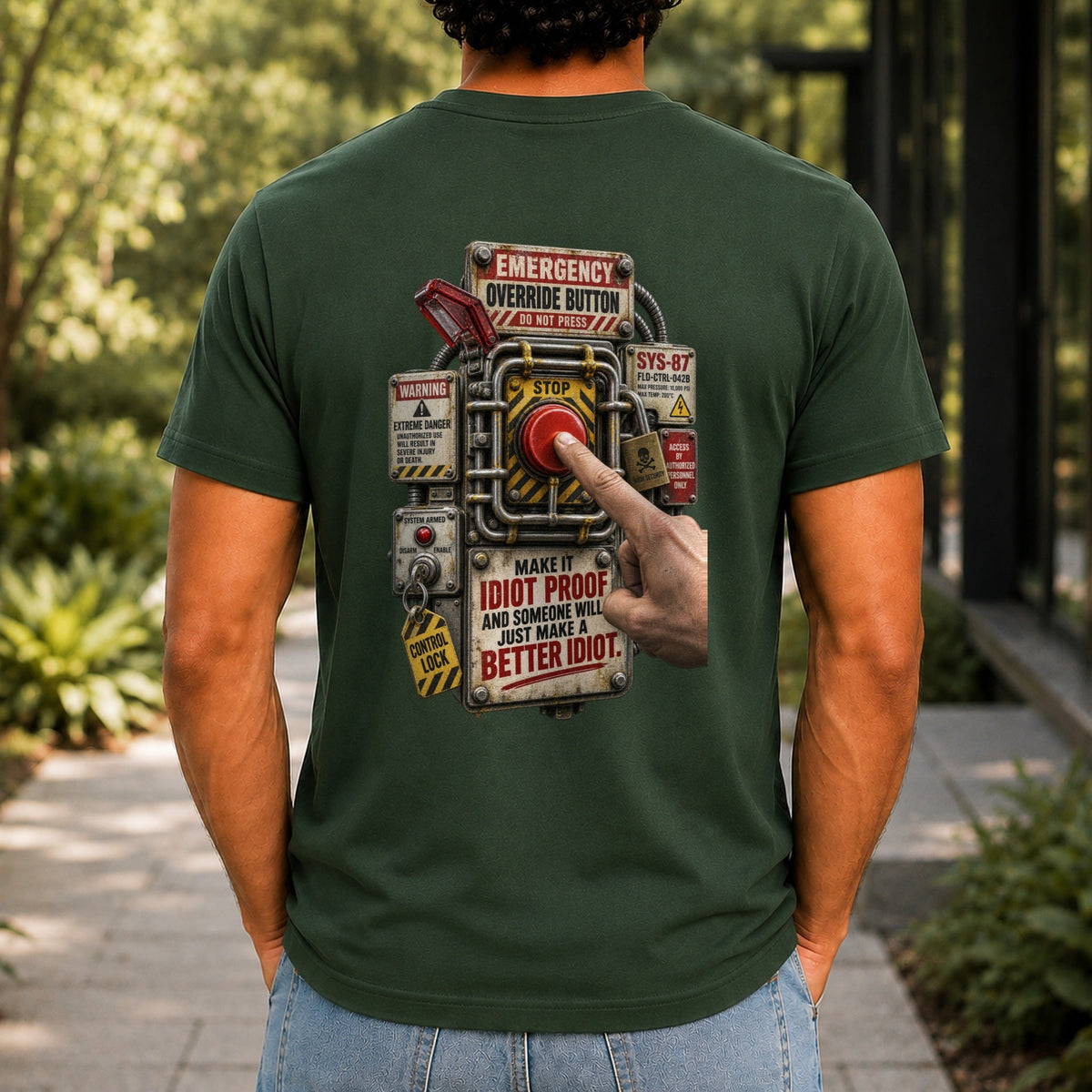 Make It Idiot Proof graphic printed on the back of a forest green KRED Threads premium tee