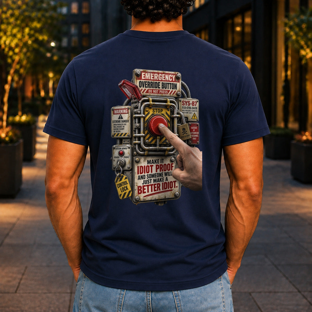 Make It Idiot Proof graphic printed on the back of a navy KRED Threads premium tee