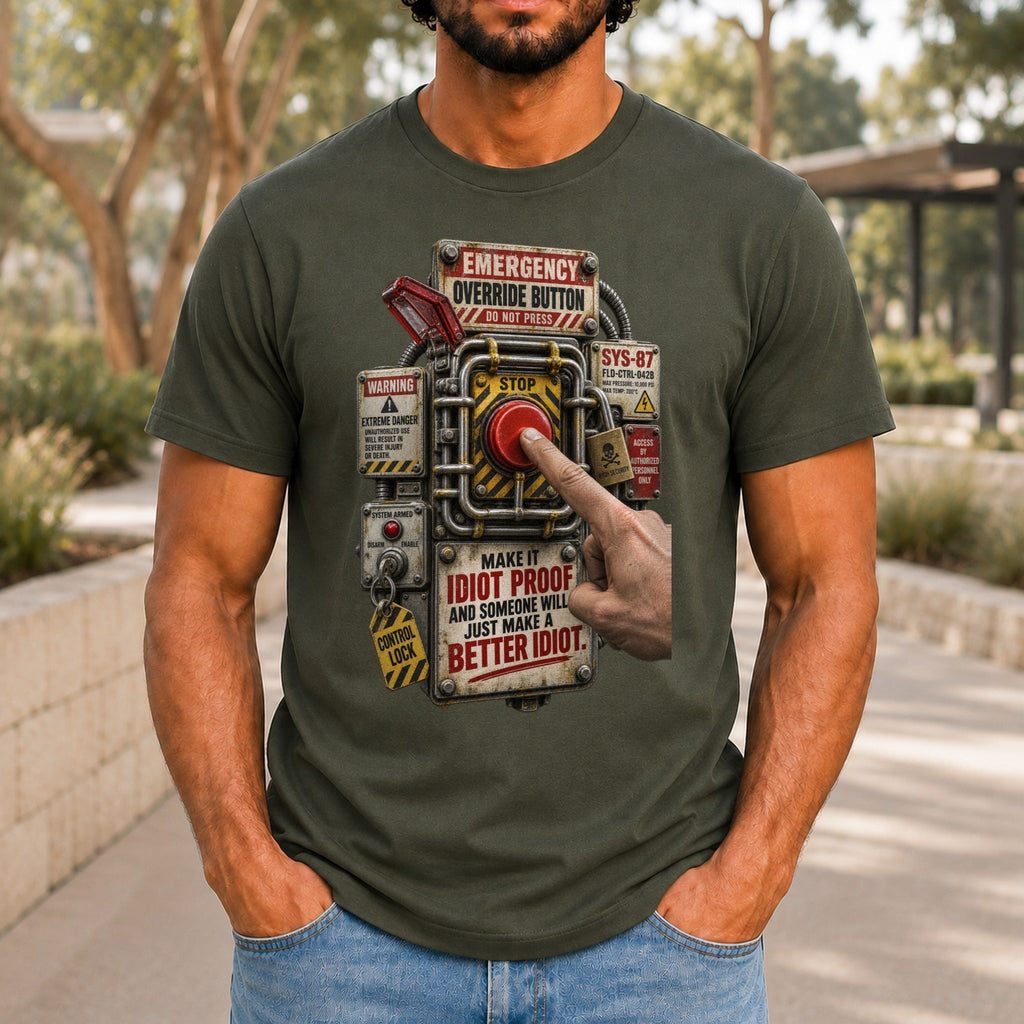 Make It Idiot Proof graphic printed on the front of an army KRED Threads premium tee
