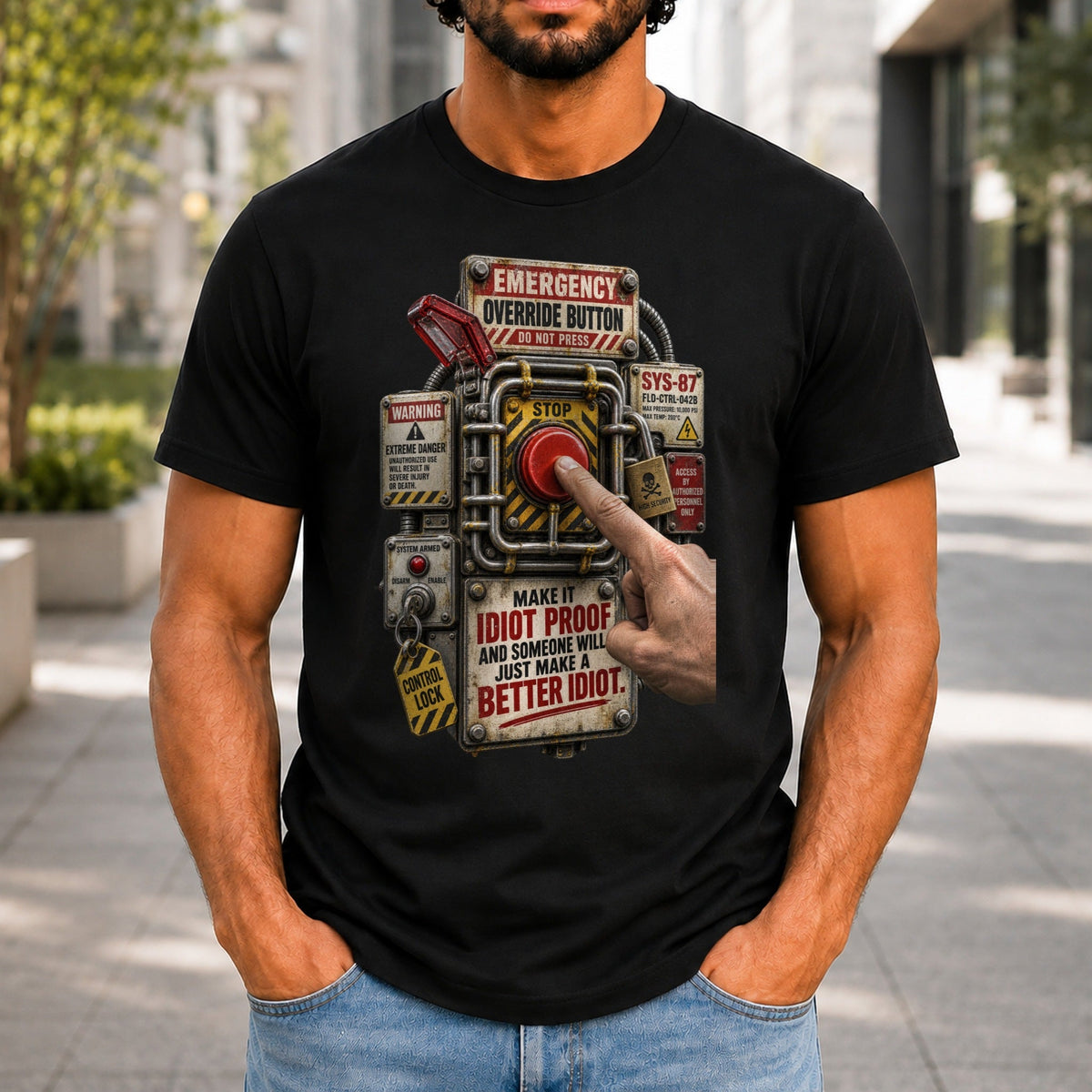Make It Idiot Proof graphic printed on the front of a black KRED Threads premium tee