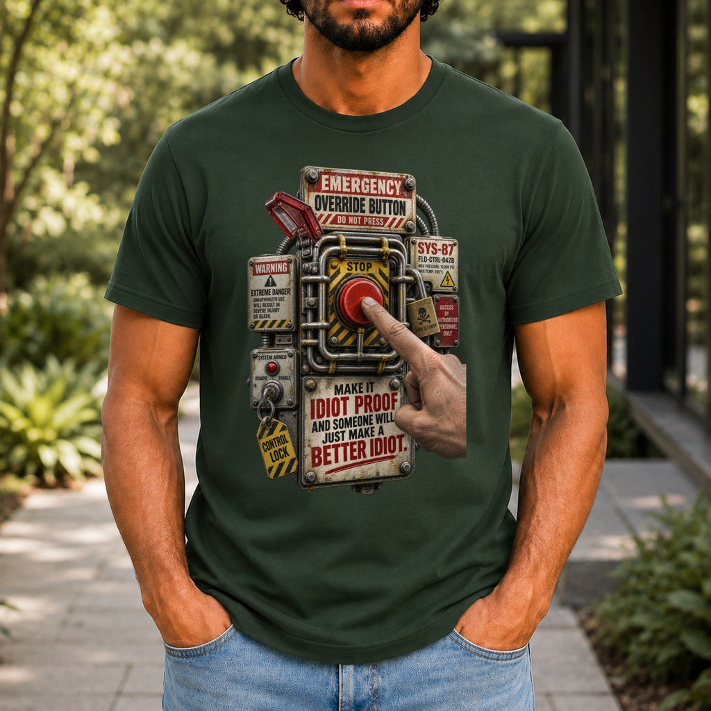 Make It Idiot Proof graphic printed on the front of a forest green KRED Threads premium tee