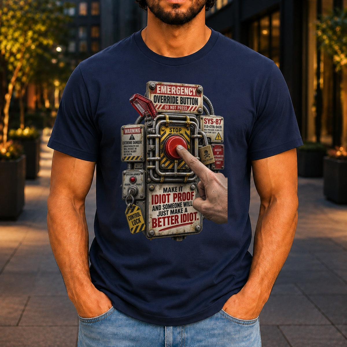 Make It Idiot Proof graphic printed on the front of a navy KRED Threads premium tee