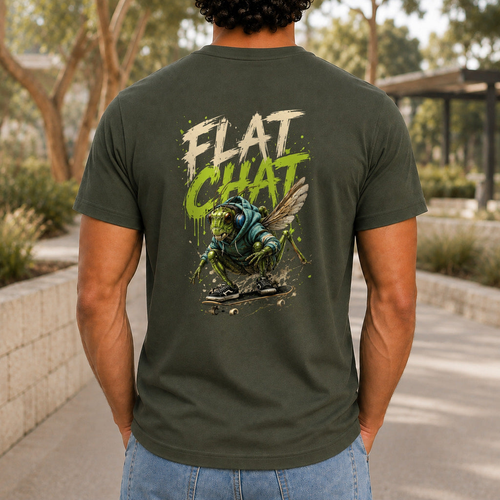 Flat Chat graphic printed on the back of an army KRED Threads premium tee
