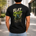 Flat Chat graphic printed on the back of a black KRED Threads premium tee