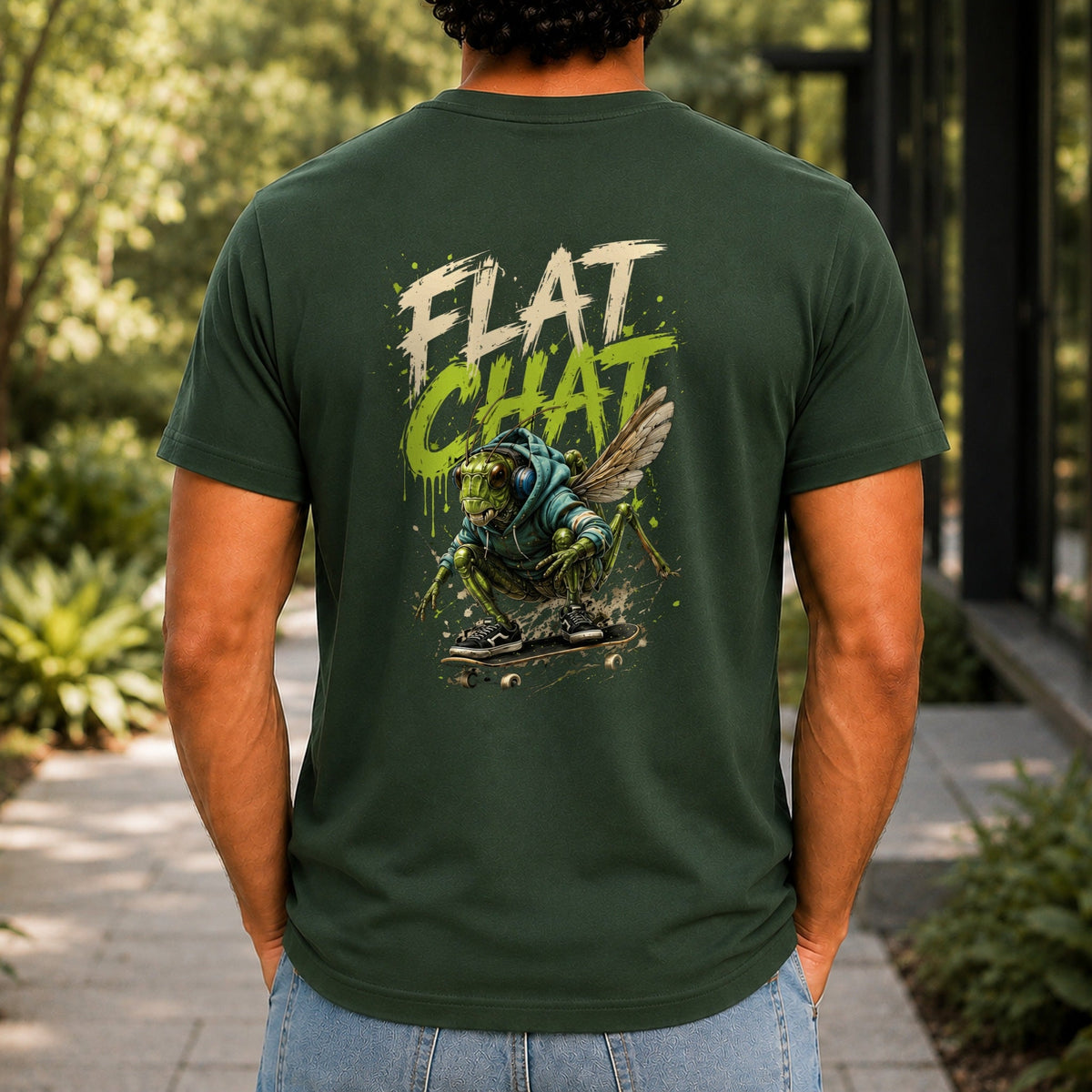 Flat Chat graphic printed on the back of a forest green KRED Threads premium tee