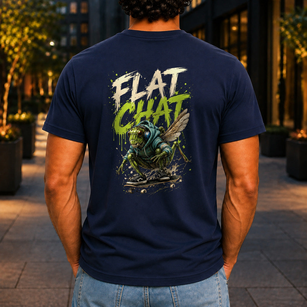 Flat Chat graphic printed on the back of a navy KRED Threads premium tee