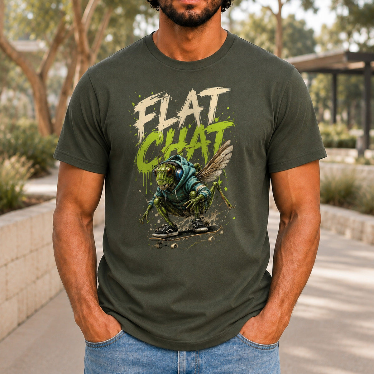 Flat Chat graphic printed on the front of an army KRED Threads premium tee