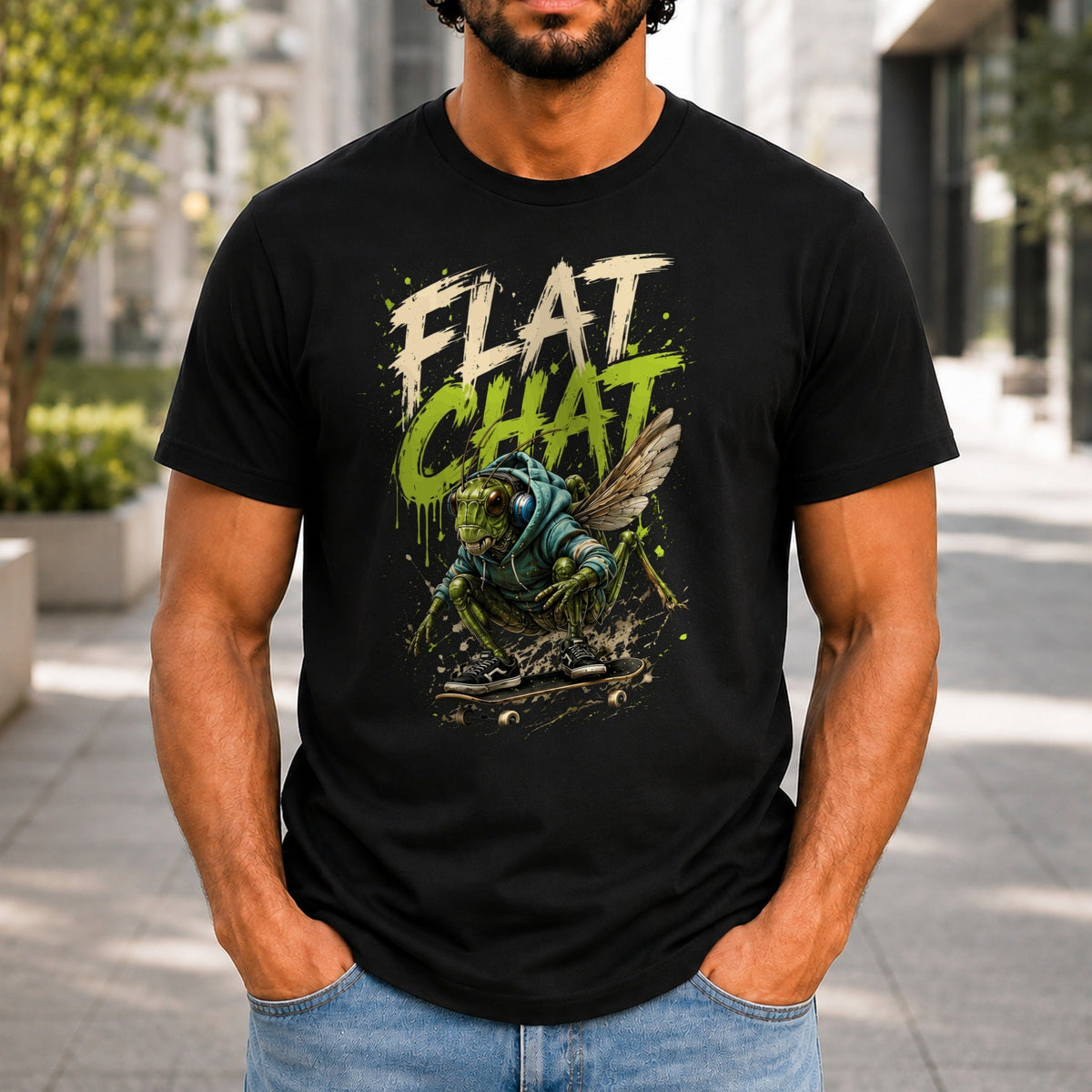 Flat Chat graphic printed on the front of a black KRED Threads premium tee
