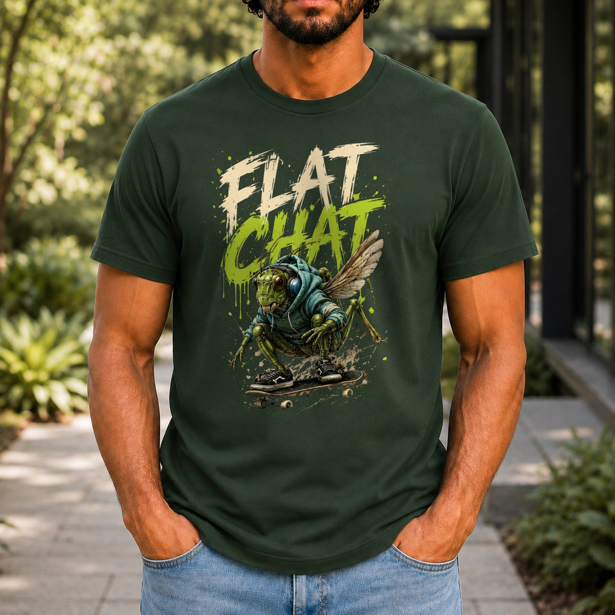 Flat Chat graphic printed on the front of a forest green KRED Threads premium tee