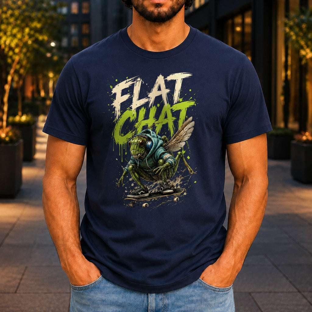 Flat Chat graphic printed on the front of a navy KRED Threads premium tee