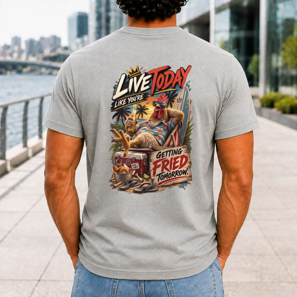 Getting Fried Tomorrow graphic printed on the back of an athletic heather KRED Threads premium tee