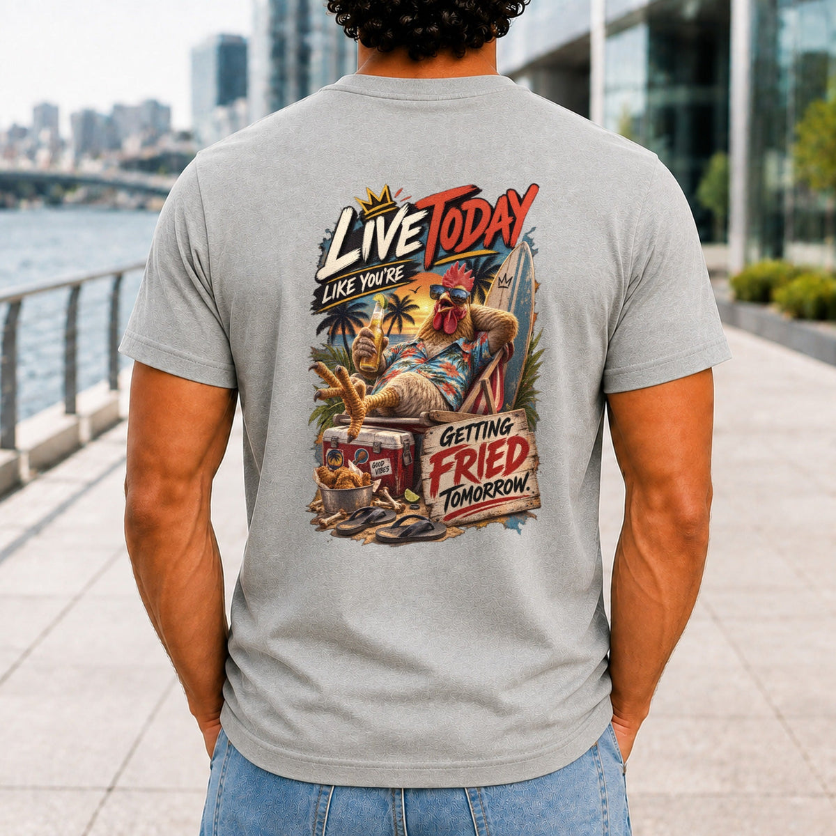 Getting Fried Tomorrow graphic printed on the back of an athletic heather KRED Threads premium tee