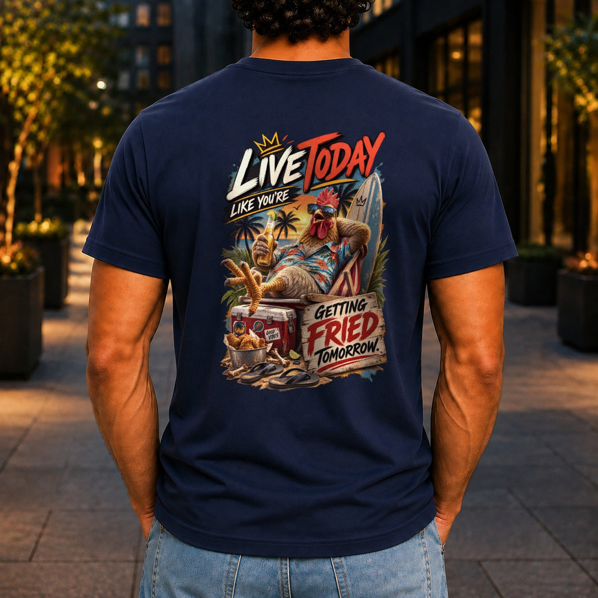 Getting Fried Tomorrow graphic printed on the back of a navy KRED Threads premium tee
