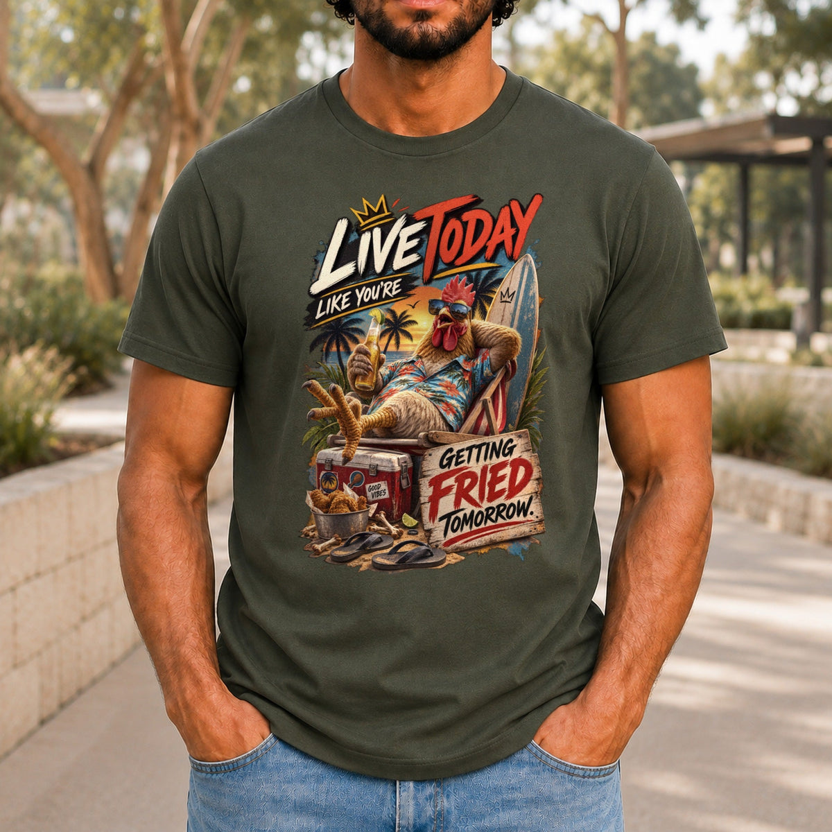 Getting Fried Tomorrow graphic printed on the front of an army KRED Threads premium tee