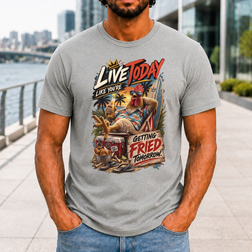 Getting Fried Tomorrow graphic printed on the front of an athletic heather KRED Threads premium tee