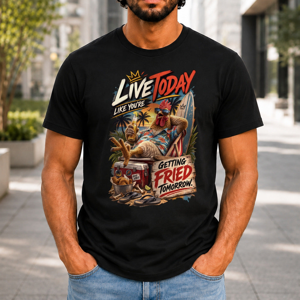 Getting Fried Tomorrow graphic printed on the front of a black KRED Threads premium tee