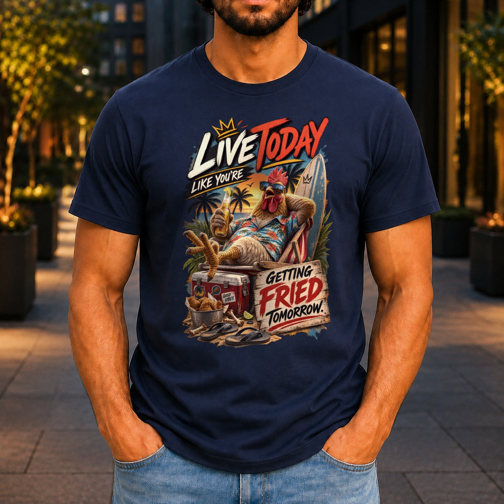 Getting Fried Tomorrow graphic printed on the front of a navy KRED Threads premium tee