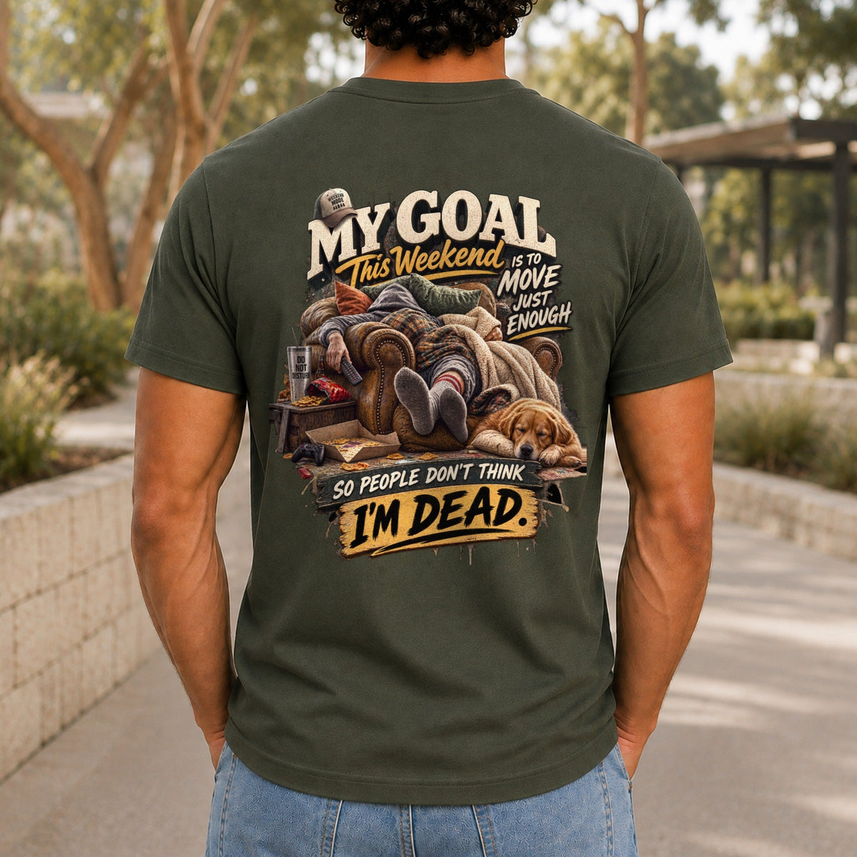 So People Don't Think I'm Dead graphic printed on the back of an army KRED Threads premium tee