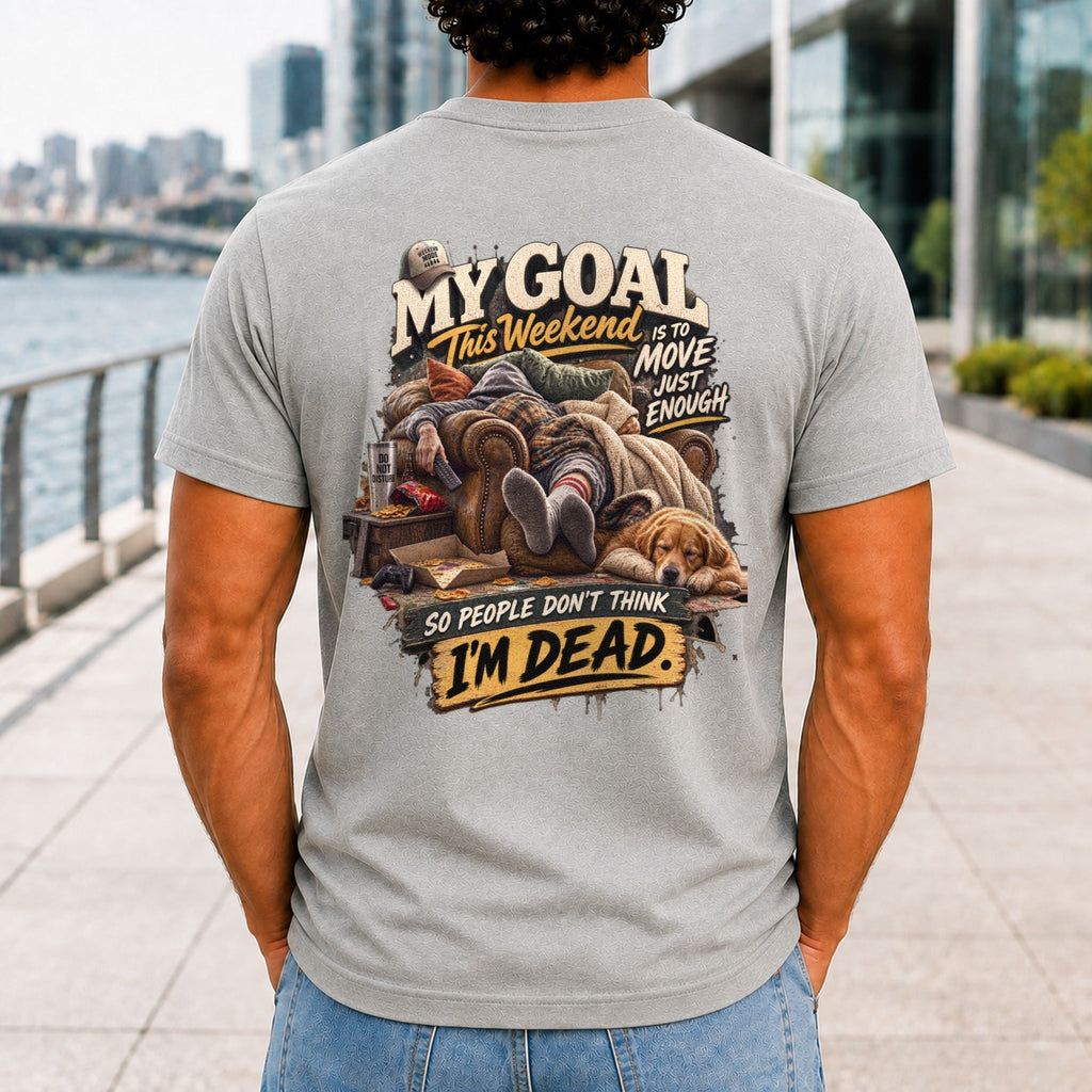 So People Don't Think I'm Dead graphic printed on the back of an athletic heather KRED Threads premium tee