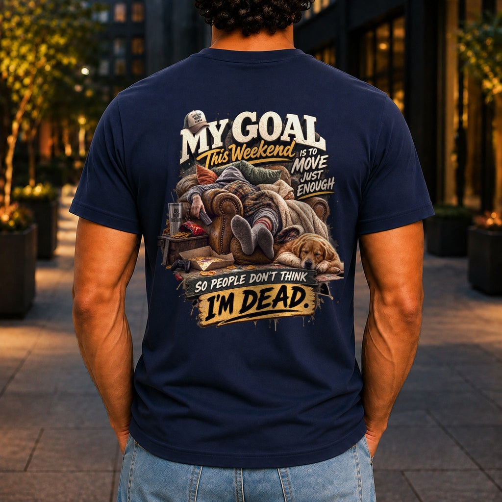 So People Don't Think I'm Dead graphic printed on the back of a navy KRED Threads premium tee