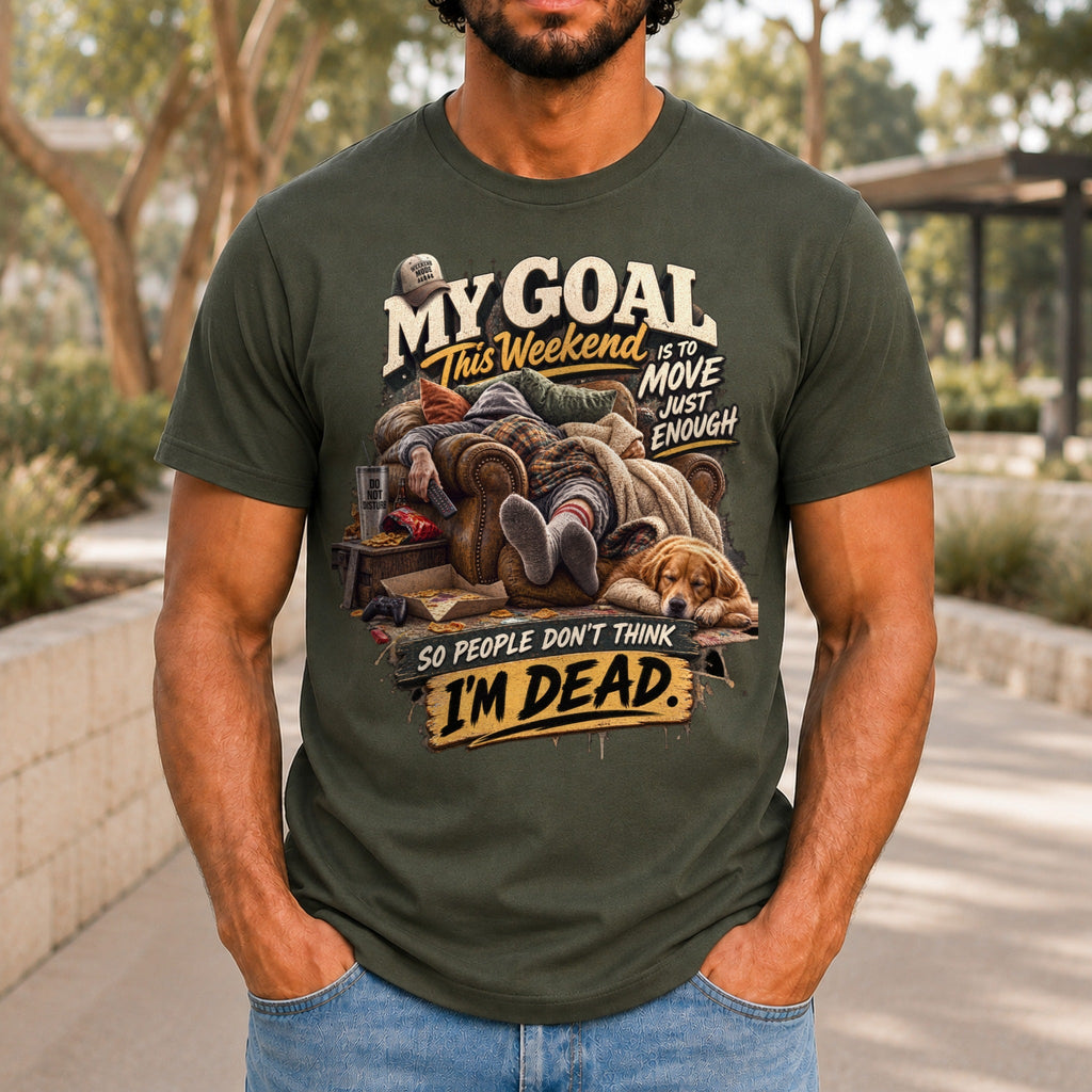So People Don't Think I'm Dead graphic printed on the front of an army KRED Threads premium tee