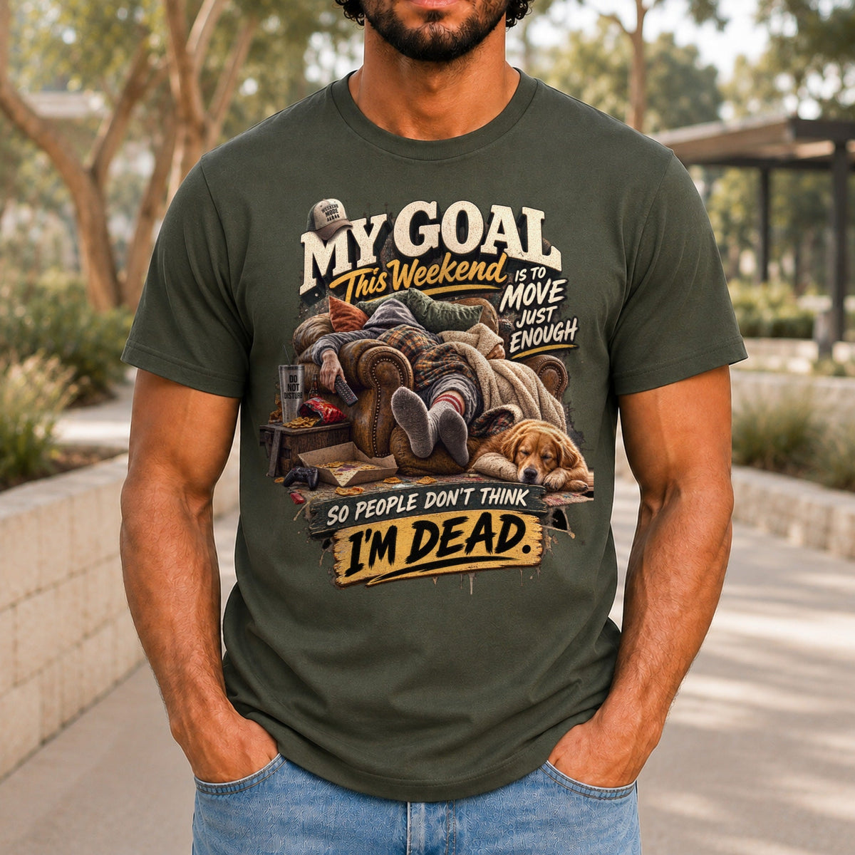 So People Don't Think I'm Dead graphic printed on the front of an army KRED Threads premium tee