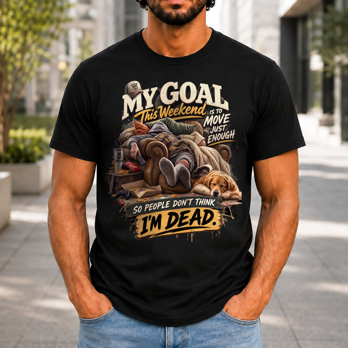 So People Don't Think I'm Dead graphic printed on the front of a black KRED Threads premium tee