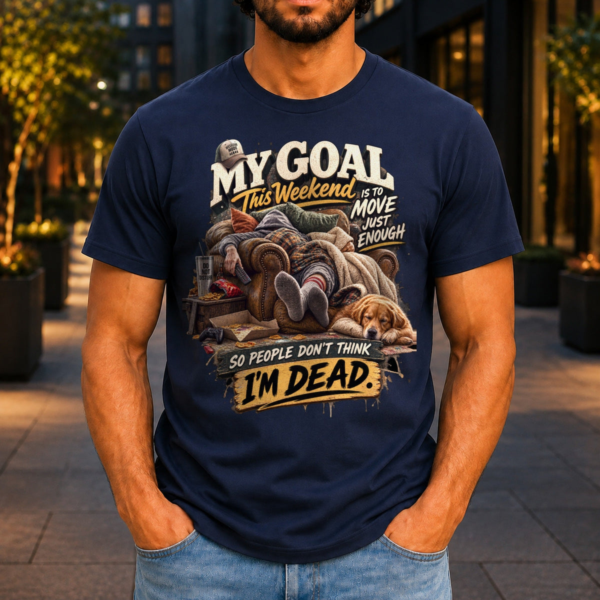 So People Don't Think I'm Dead graphic printed on the front of a navy KRED Threads premium tee