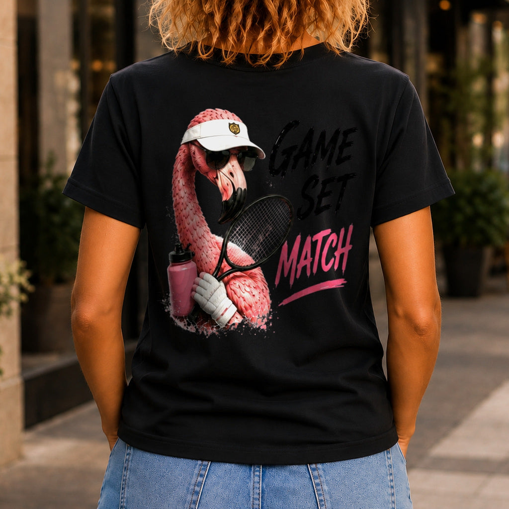 Game, Set, Match graphic printed on the back of a black KRED Threads premium tee