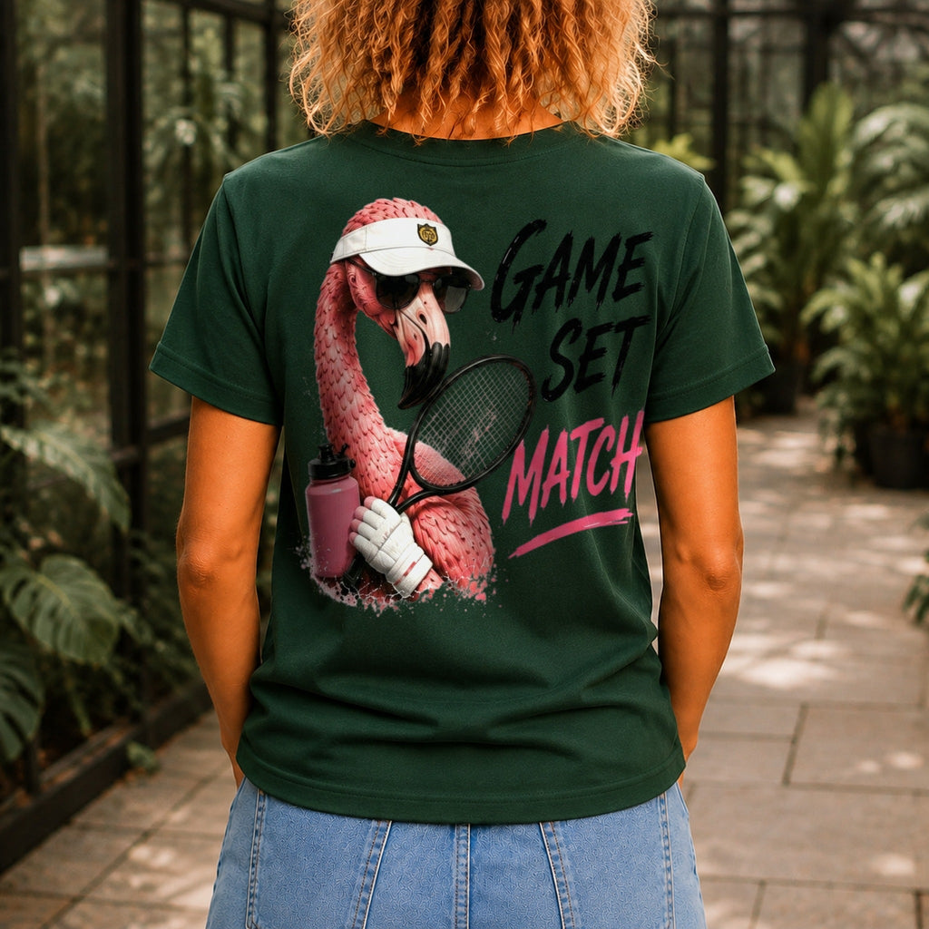 Game, Set, Match graphic printed on the back of a forest green KRED Threads premium tee