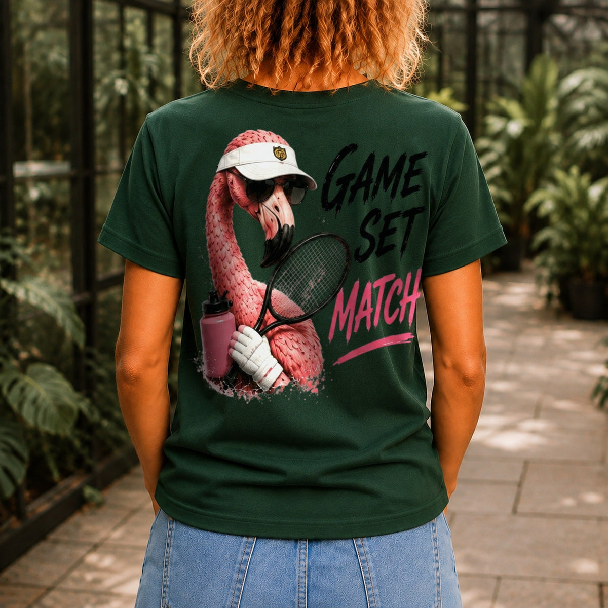 Game, Set, Match graphic printed on the back of a forest green KRED Threads premium tee