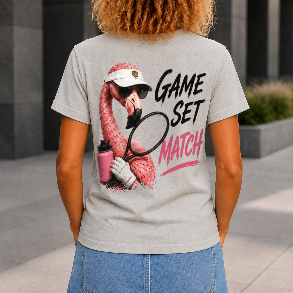 Game, Set, Match graphic printed on the back of a grey marble KRED Threads premium tee