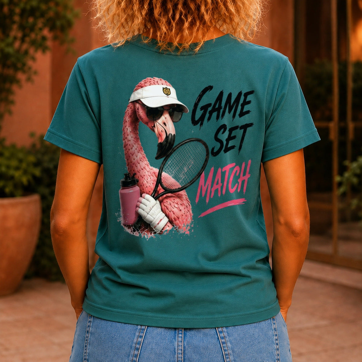 Game, Set, Match graphic printed on the back of a jade KRED Threads premium tee
