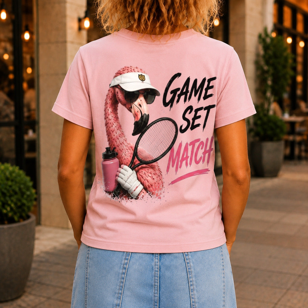 Game, Set, Match graphic printed on the back of a pink KRED Threads premium tee