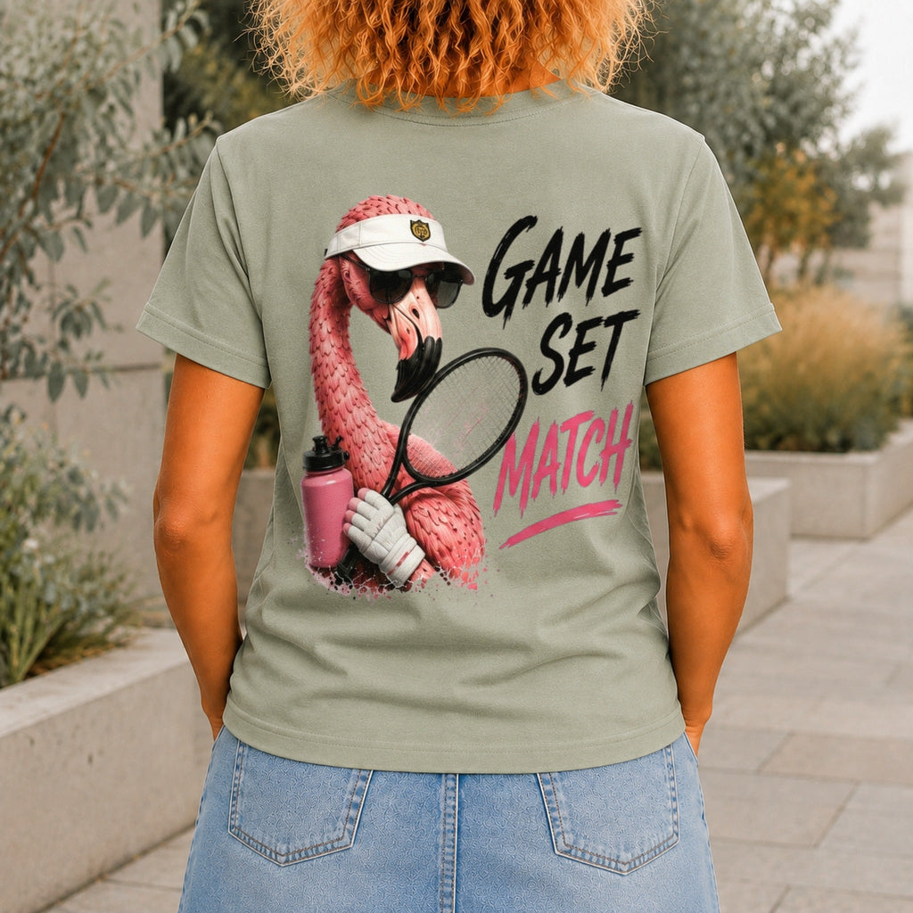 Game, Set, Match graphic printed on the back of a sage KRED Threads premium tee