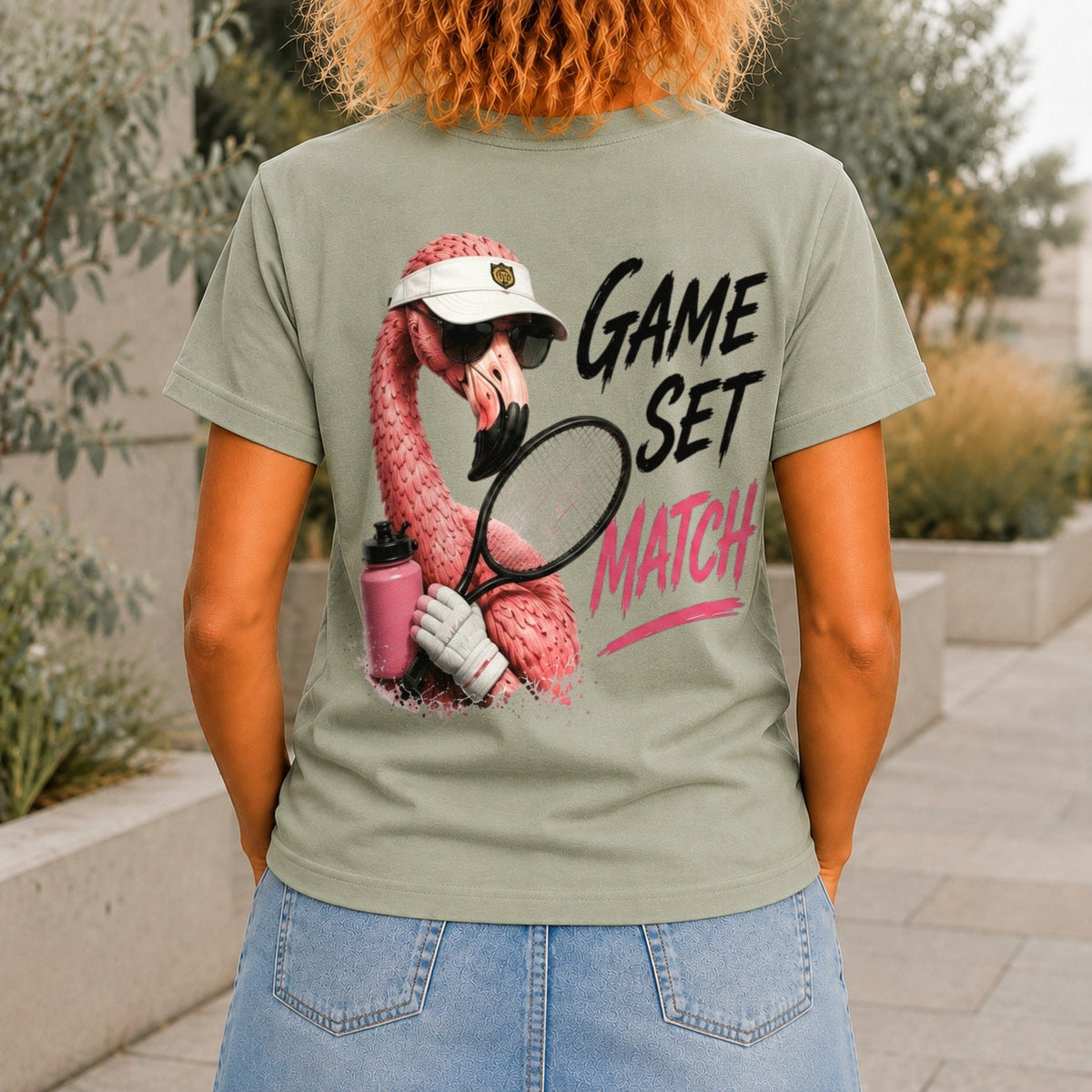 Game, Set, Match graphic printed on the back of a sage KRED Threads premium tee