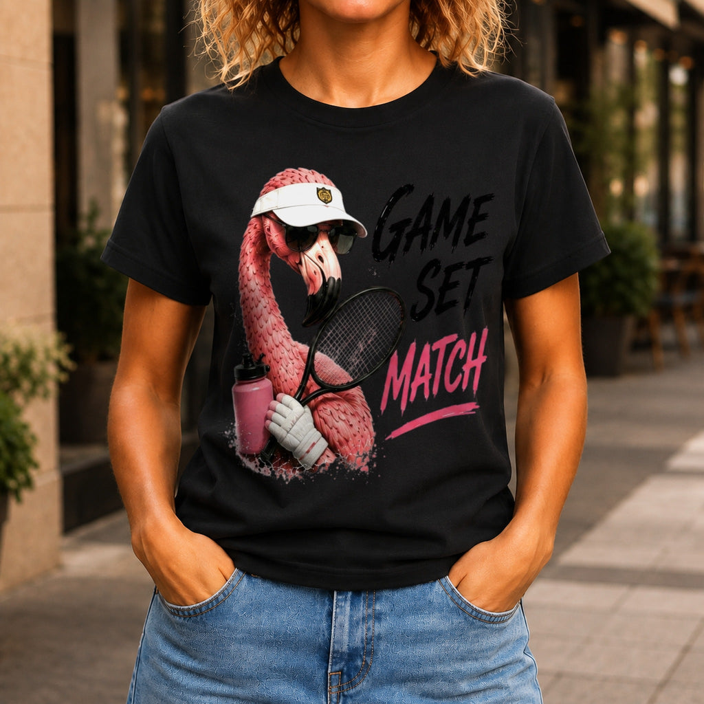 Game, Set, Match graphic printed on the front of a black KRED Threads premium tee