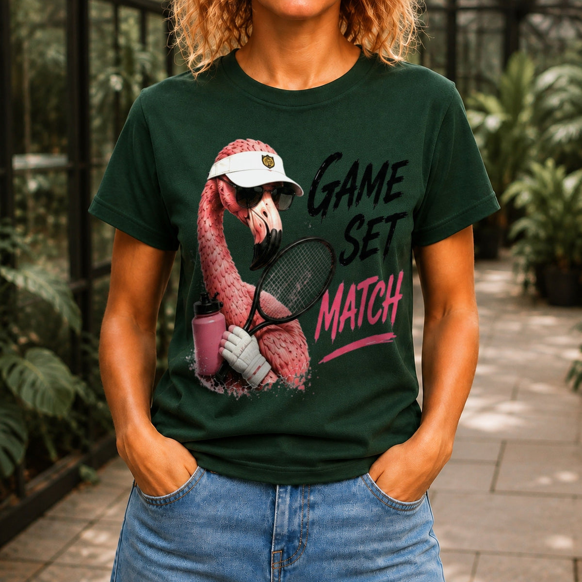 Game, Set, Match graphic printed on the front of a forest green KRED Threads premium tee