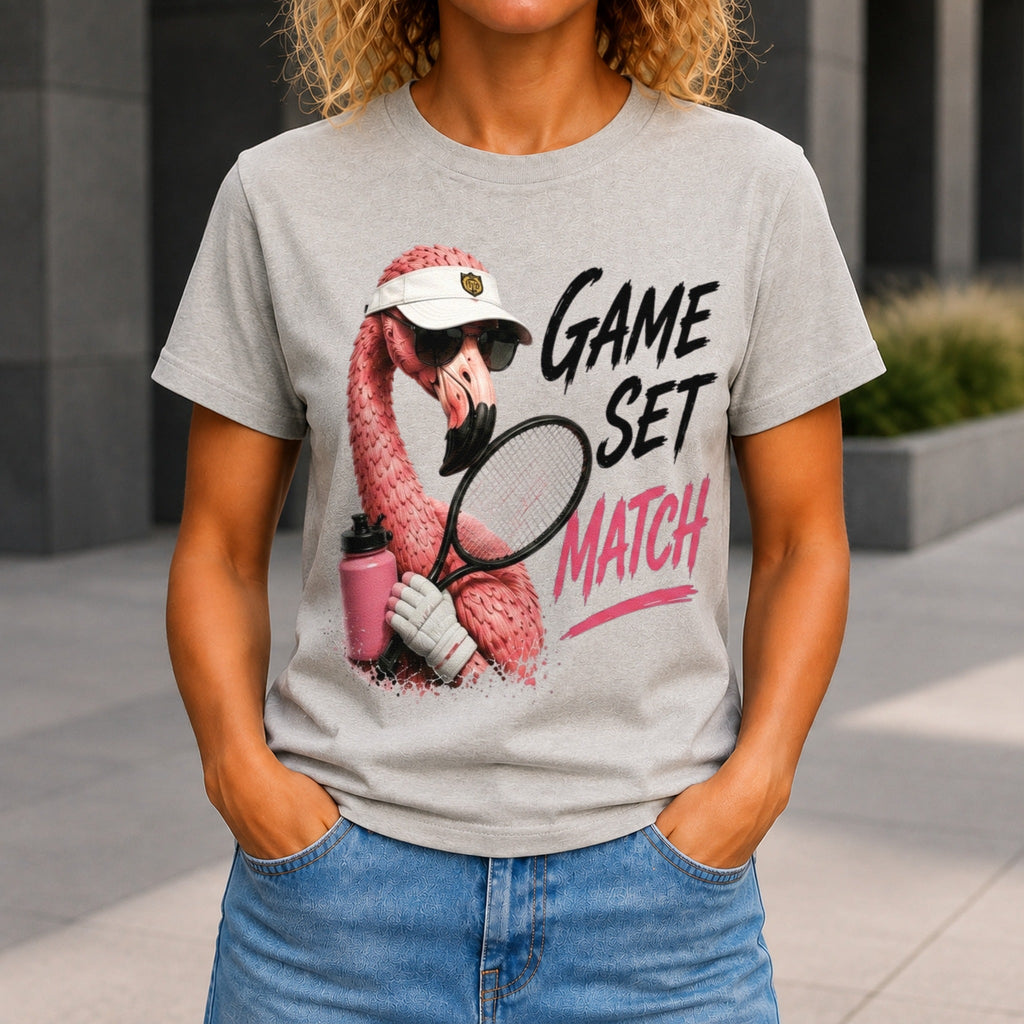 Game, Set, Match graphic printed on the front of a grey marble KRED Threads premium tee