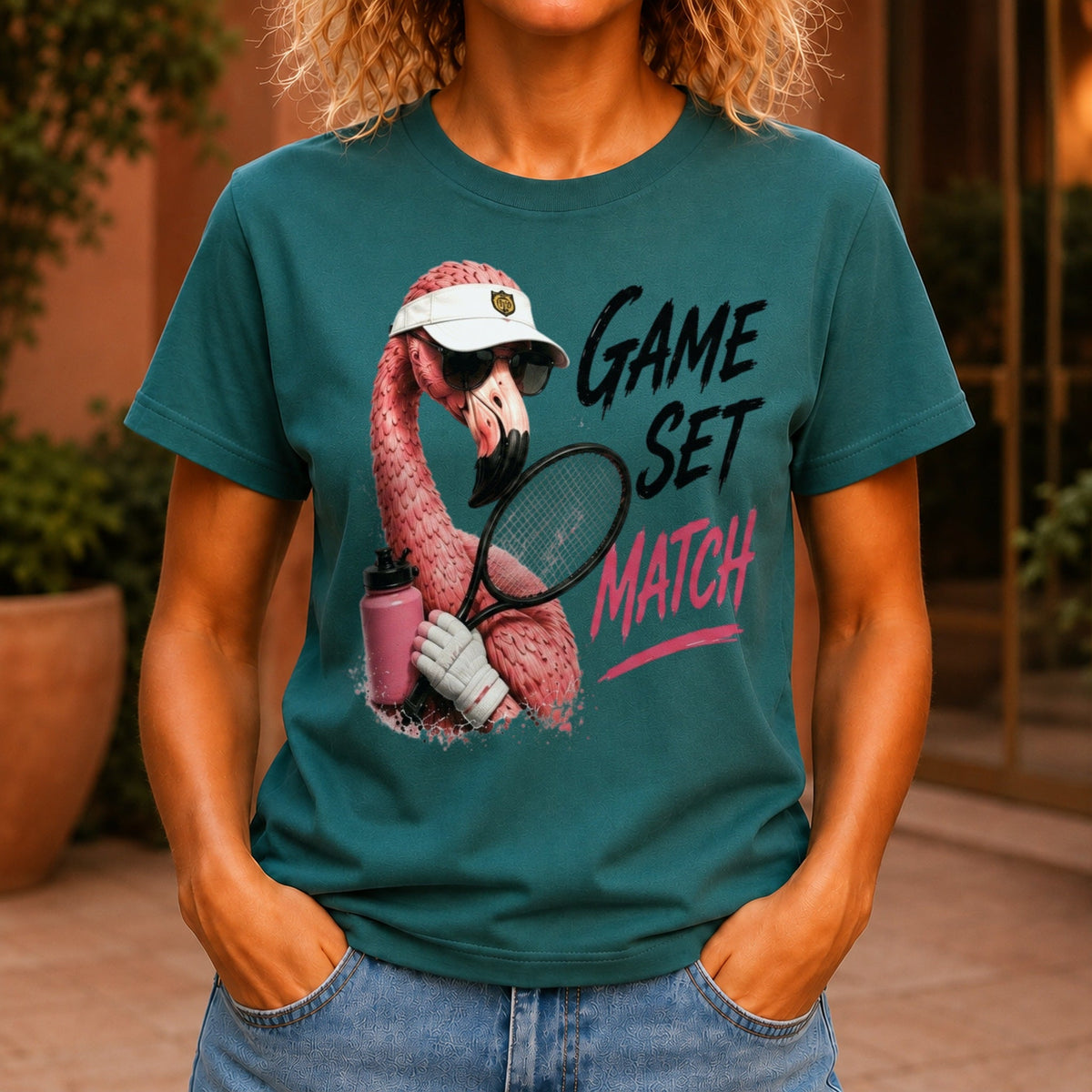 Game, Set, Match graphic printed on the front of a jade KRED Threads premium tee