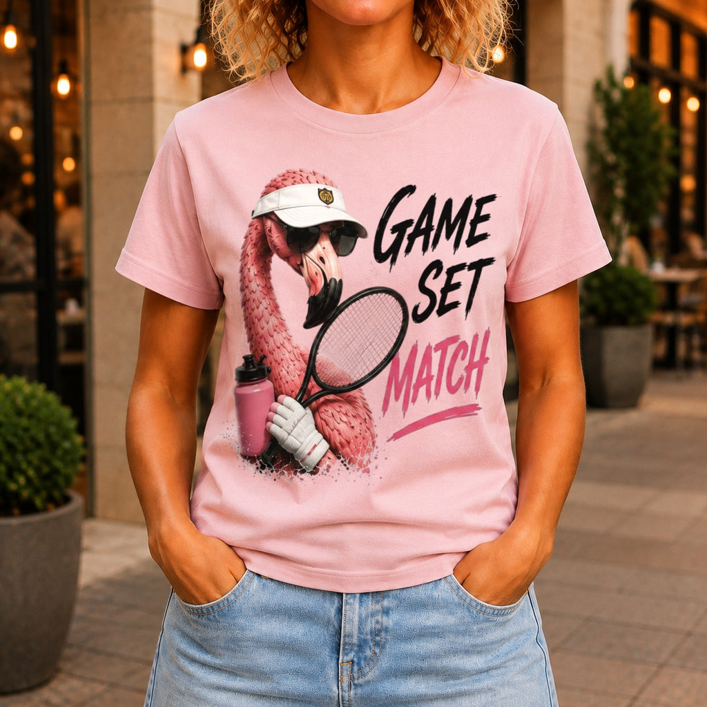 Game, Set, Match graphic printed on the front of a pink KRED Threads premium tee