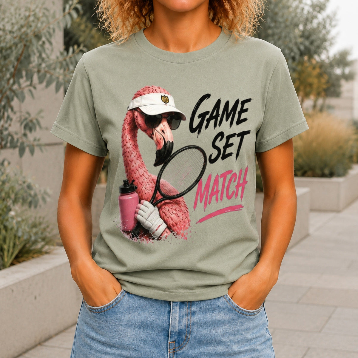 Game, Set, Match graphic printed on the front of a sage KRED Threads premium tee