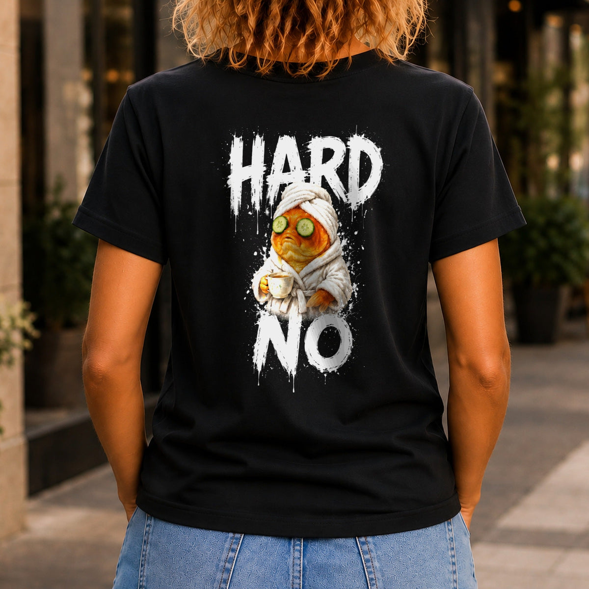 Hard No graphic printed on the back of a black KRED Threads premium tee